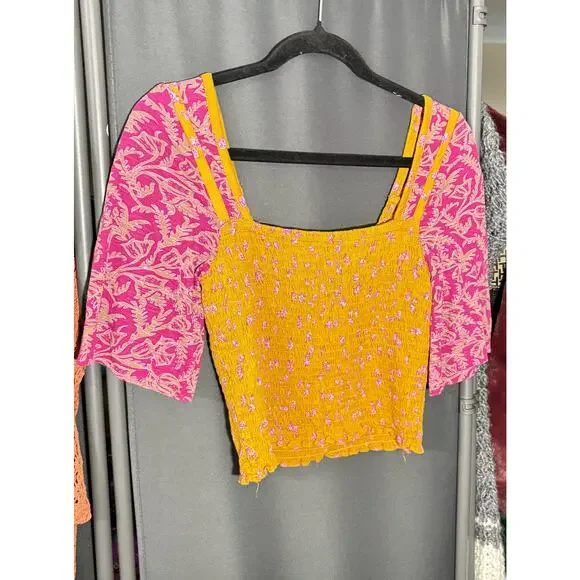 Free People Smocked Crop Top Ditsy Floral Mustard Magenta Boho Sz S - Picture 3 of 5